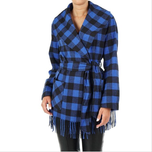 POLO RALPH LAUREN Checked Belted Shawl Collar Jacket XS Fringe Blue NEW $328 - Picture 5 of 14